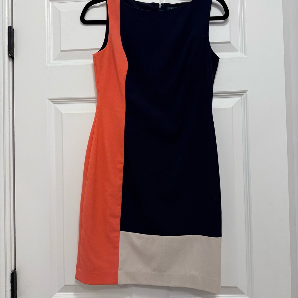 Lauren by Ralph Lauren Sleeveless Colorblock Dress - Navy, Coral, and Beige